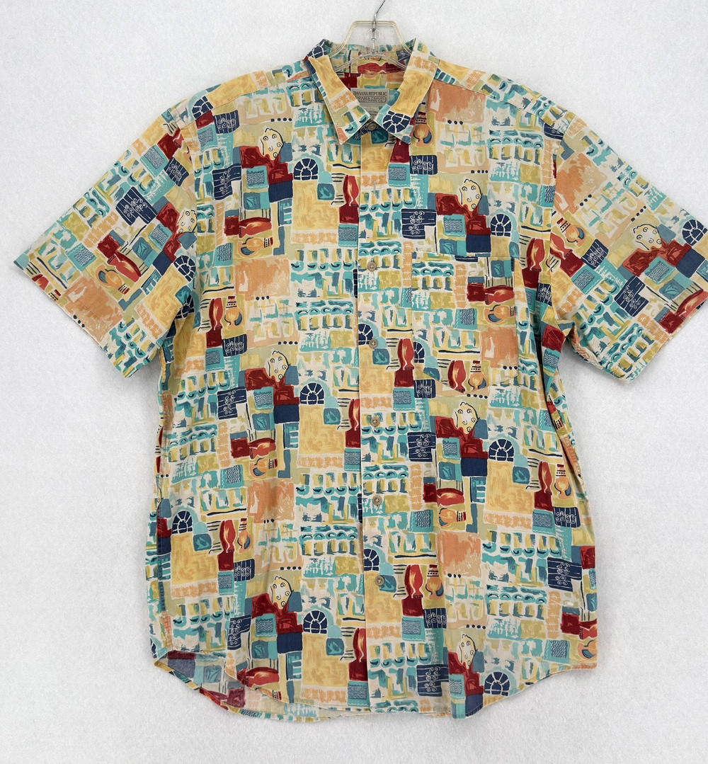 Vintage Banana Republic Mens Abstract Geometric Short Sleeve Button Shirt Sz M